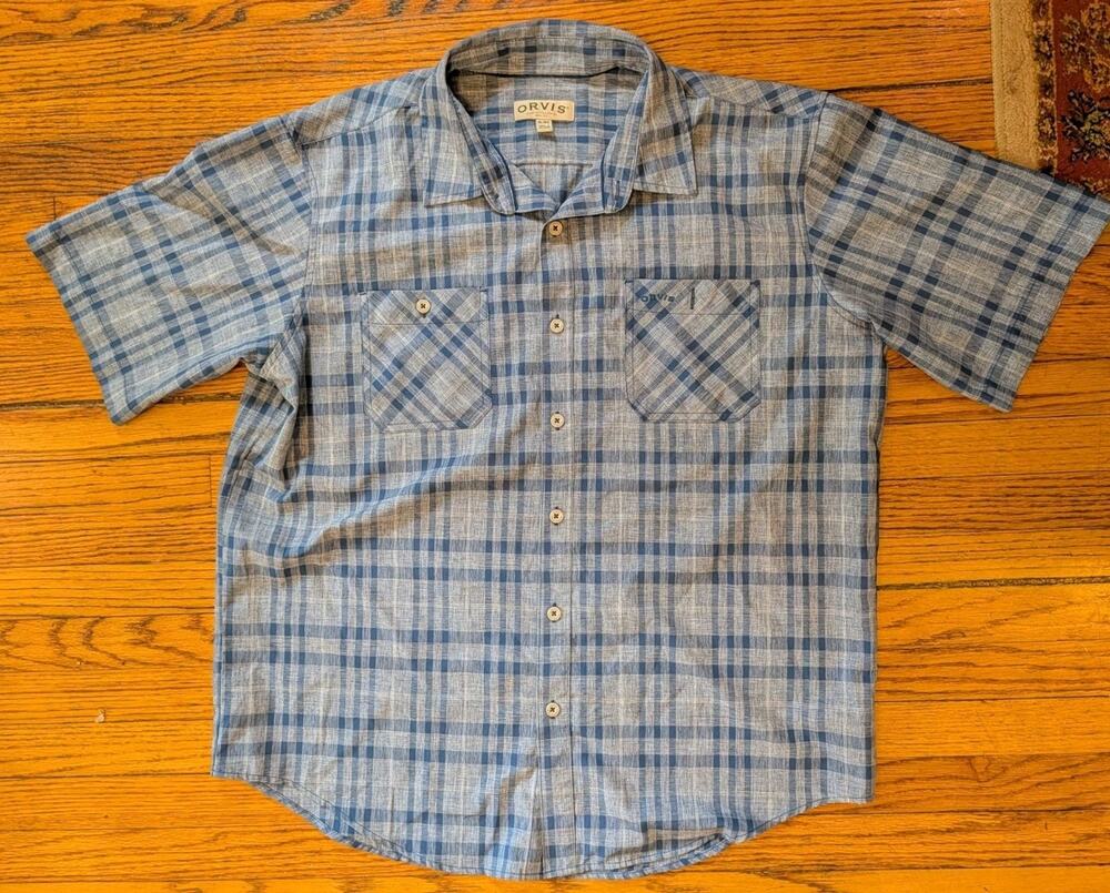 Orvis XL Shirt Blue Plaid Button Up Front Short Sleeve Pockets Mens Y2K